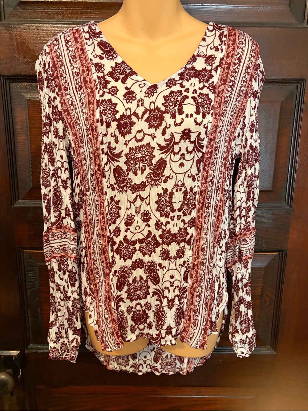 Lucky Brand Burgundy and White V-Neck Long Sleeve Printed Top